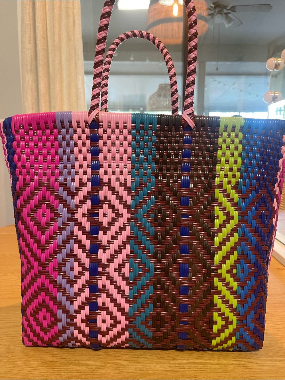 Handwoven Multicolor Tote Bag with Pink Handles - Picture 5 of 6